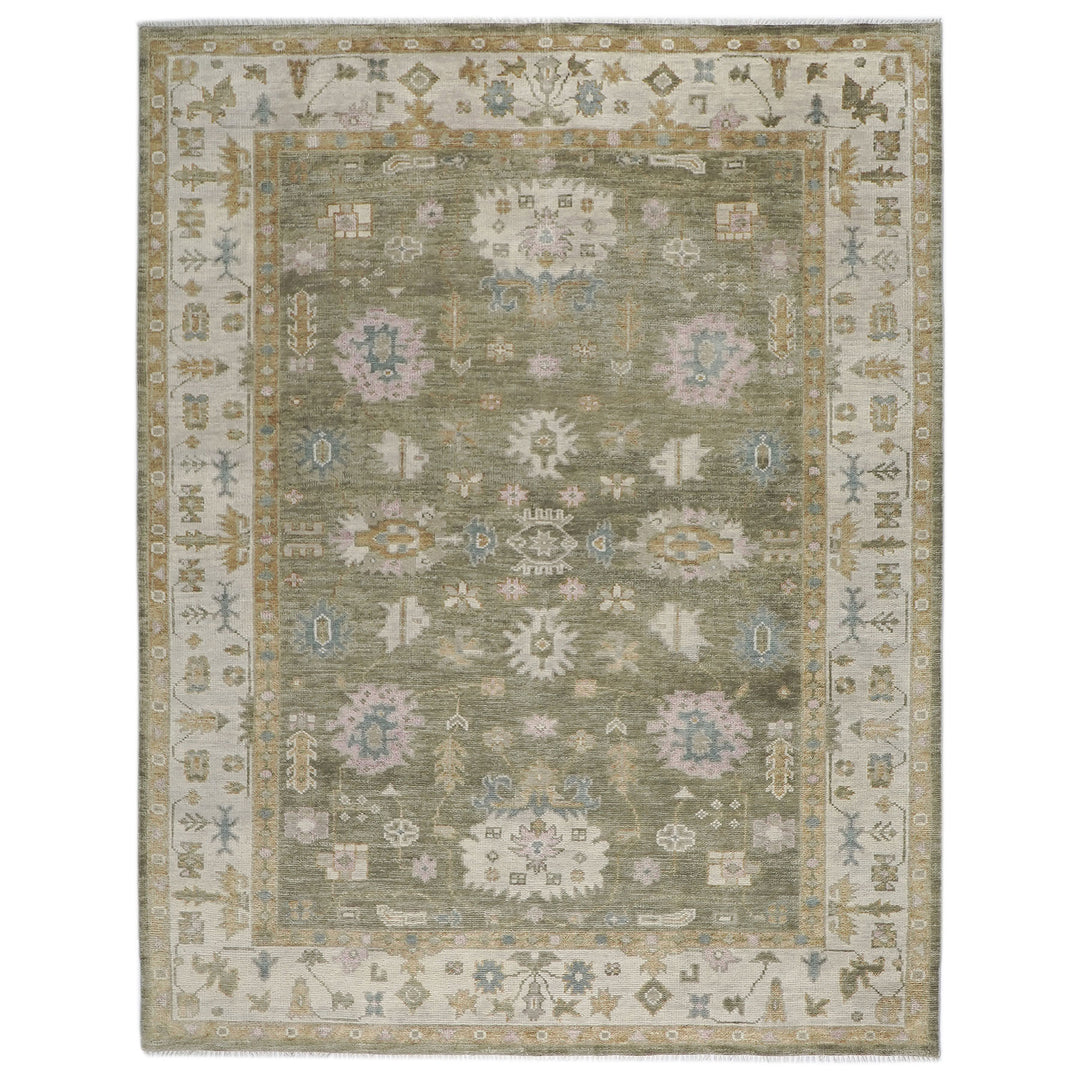 9x12 Sage, Beige, Rose Color Hand Knotted Oushak Wool Traditional Oriental Rug