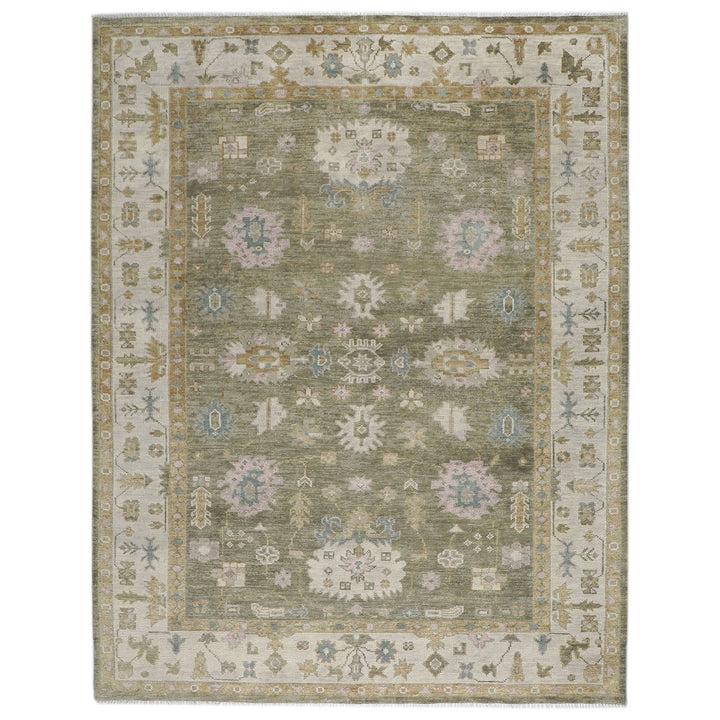 9x12 Sage, Beige, Rose Color Hand Knotted Oushak Wool Traditional Oriental Rug