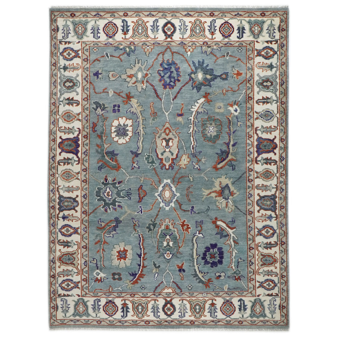 9x12 Blue, Ivory, Burnt Orange Color Hand Knotted Oushak Wool Transitional Oriental Rug