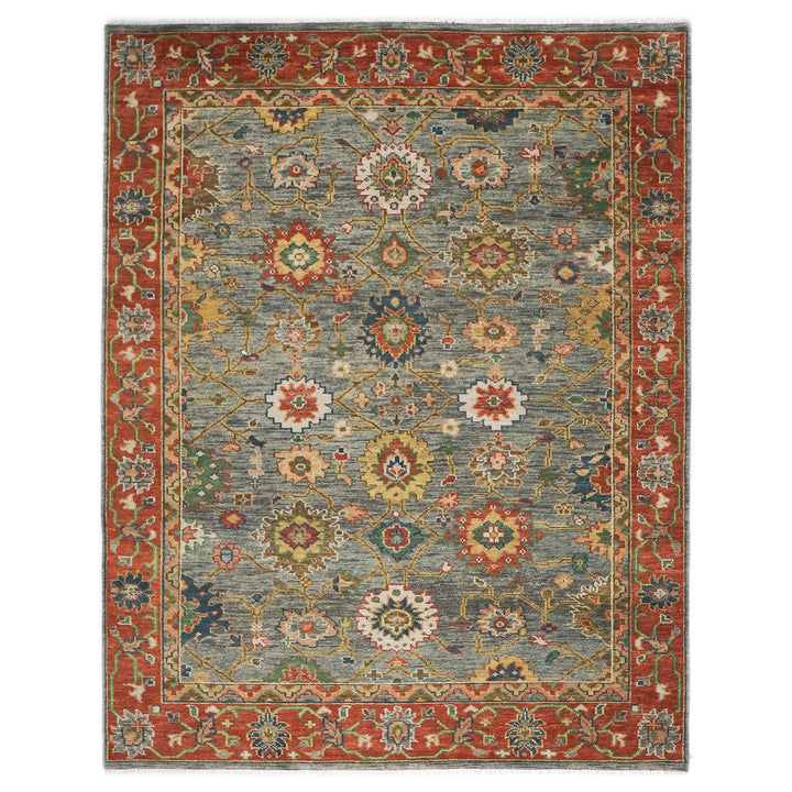 9x12 Blue, Gray, Burnt Orange Color Hand Knotted Oushak Wool Arts and Crafts Oriental Rug