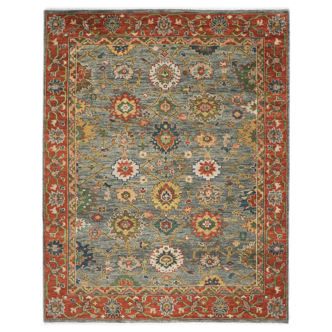 9x12 Blue, Gray, Burnt Orange Color Hand Knotted Oushak Wool  Oriental Rug