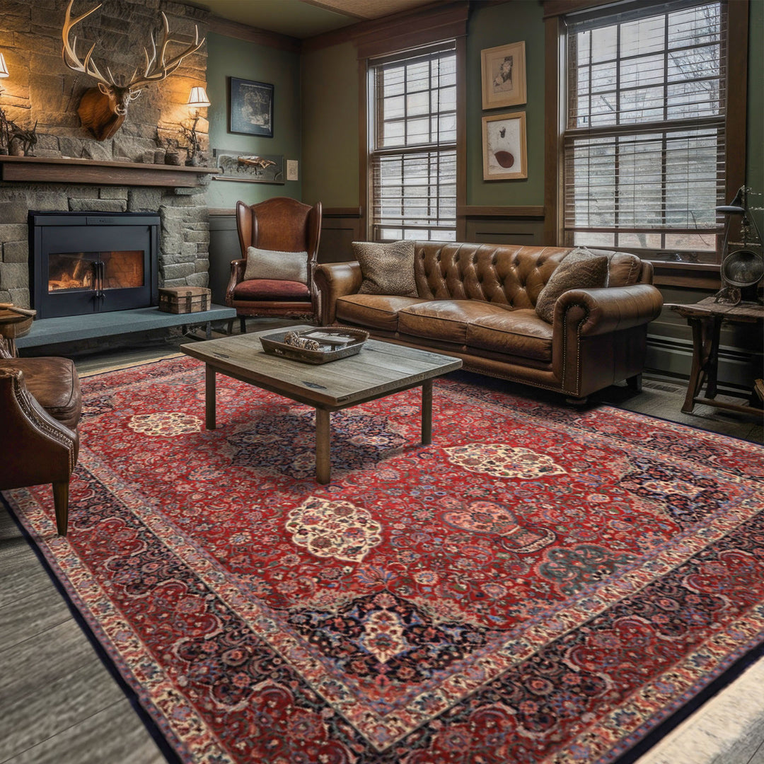10x14 Red, Navy, Ivory Color Hand Knotted Pak Persian Wool &amp; Silk Traditional Oriental Rug