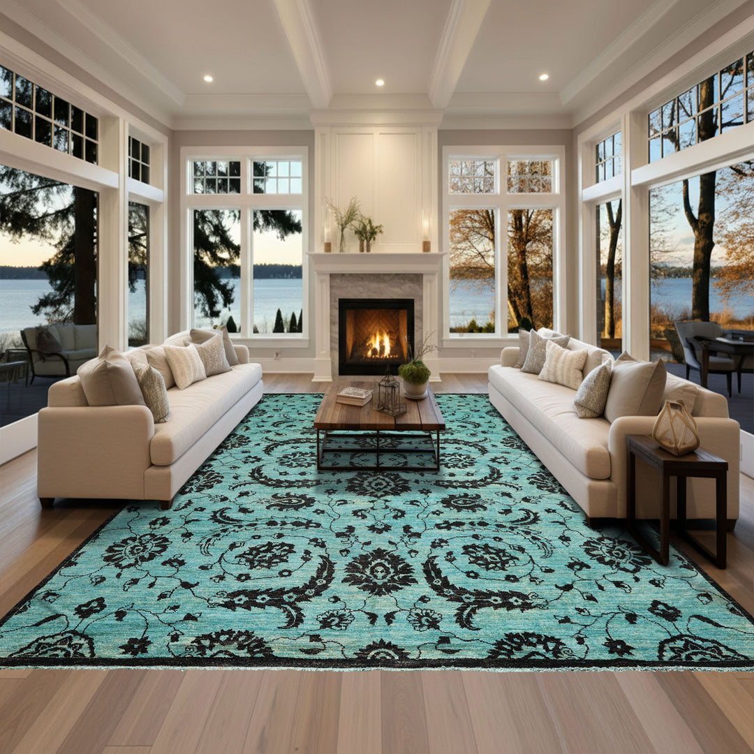 9x12 Turquoise, Dark Chocolate, Color Hand Knotted Oushak Wool Traditional Oriental Rug
