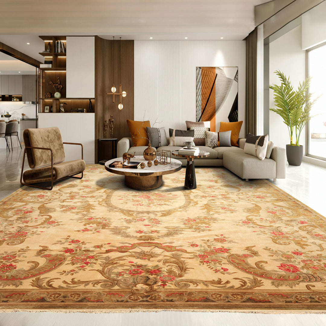 Palace Tan, Gold, Green Color Hand Knotted French Aubusson Savonnerie New Zealand Wool &amp; Silk Traditional Oriental Rug