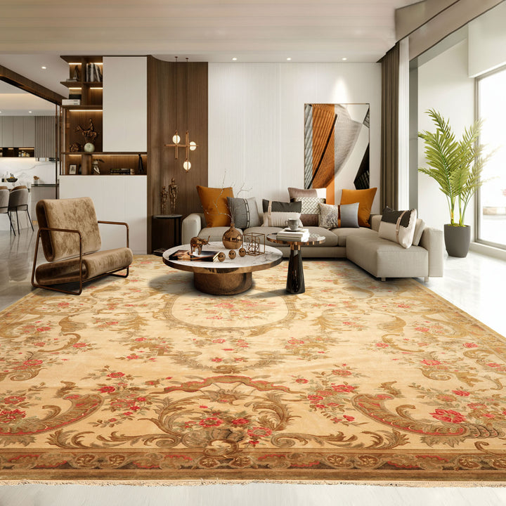 Palace Tan, Gold, Green Color Hand Knotted French Aubusson Savonnerie New Zealand Wool &amp; Silk Traditional Oriental Rug