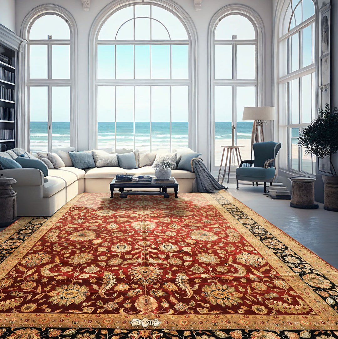 Palace Maroon, Black, Taupe Color Hand Knotted Agra New Zealand Wool &amp; Silk Traditional Oriental Rug