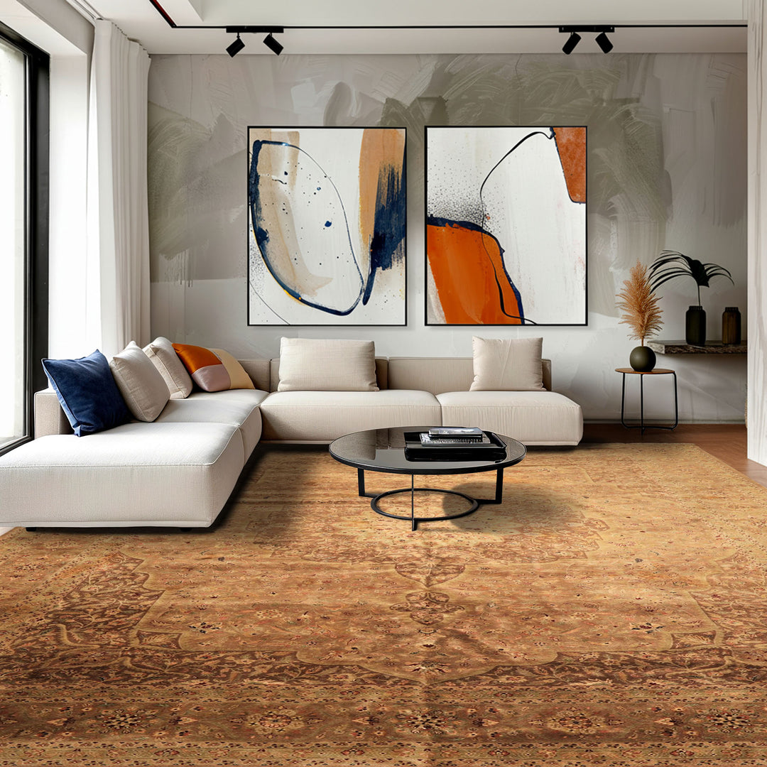 Palace Tan, Sage, Brown Color Hand Knotted Indo Persian Wool Transitional Oriental Rug