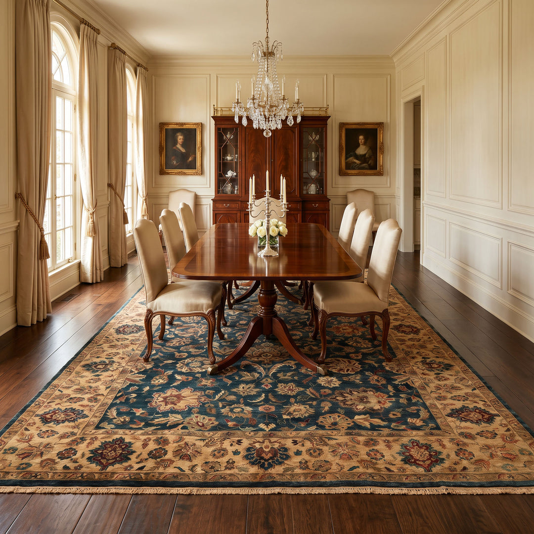 Palace Teal, Beige, Gold Color Hand Knotted Agra New Zealand Wool Traditional Oriental Rug