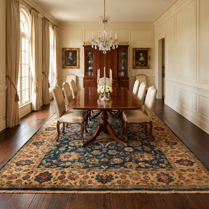Palace Teal, Beige, Gold Color Hand Knotted Agra New Zealand Wool Traditional Oriental Rug