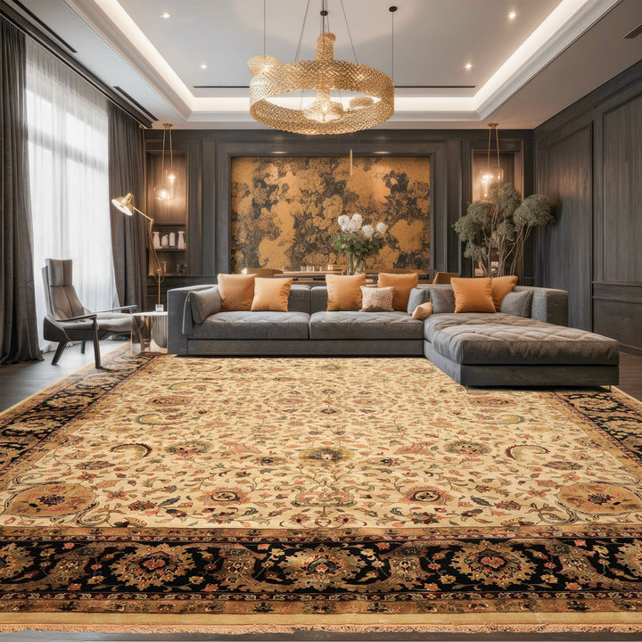 Palace Beige, Black, Maroon Color Hand Knotted Agra New Zealand Wool Traditional Oriental Rug