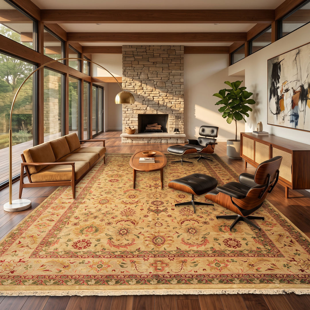 Palace Beige, Moss, Wine Color Hand Knotted Oushak Wool Transitional Oriental Rug