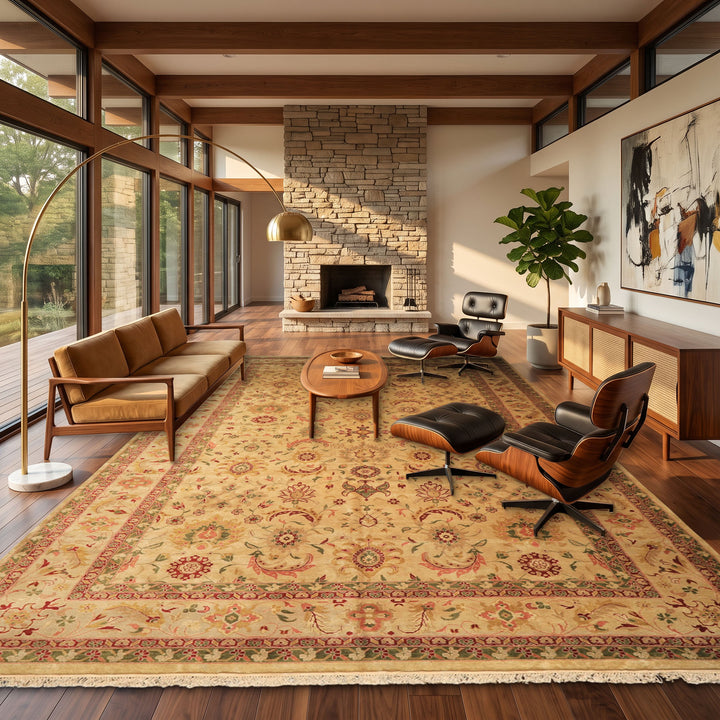 Palace Beige, Moss, Wine Color Hand Knotted Oushak Wool Transitional Oriental Rug