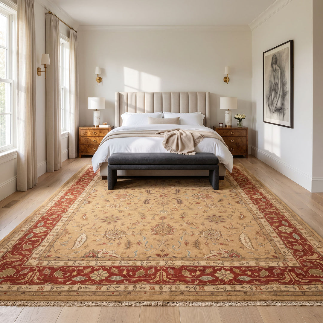 10x14 Tan, Gold, Burnt Orange Color Hand Knotted Soumak Wool Transitional Oriental Rug