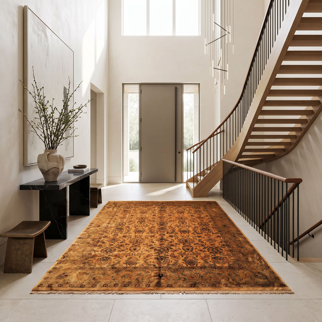 10x14 Light Gold, Brown, Turquoise Color Hand Knotted Oushak New Zealand Wool Transitional Oriental Rug