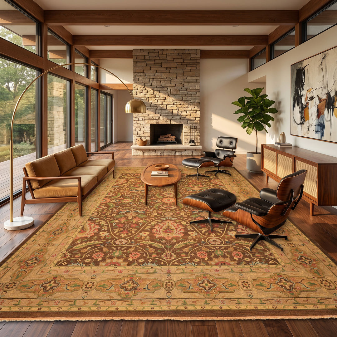 10x14 Brown, Moss, Gold Color Hand Knotted Soumak Wool Transitional Oriental Rug