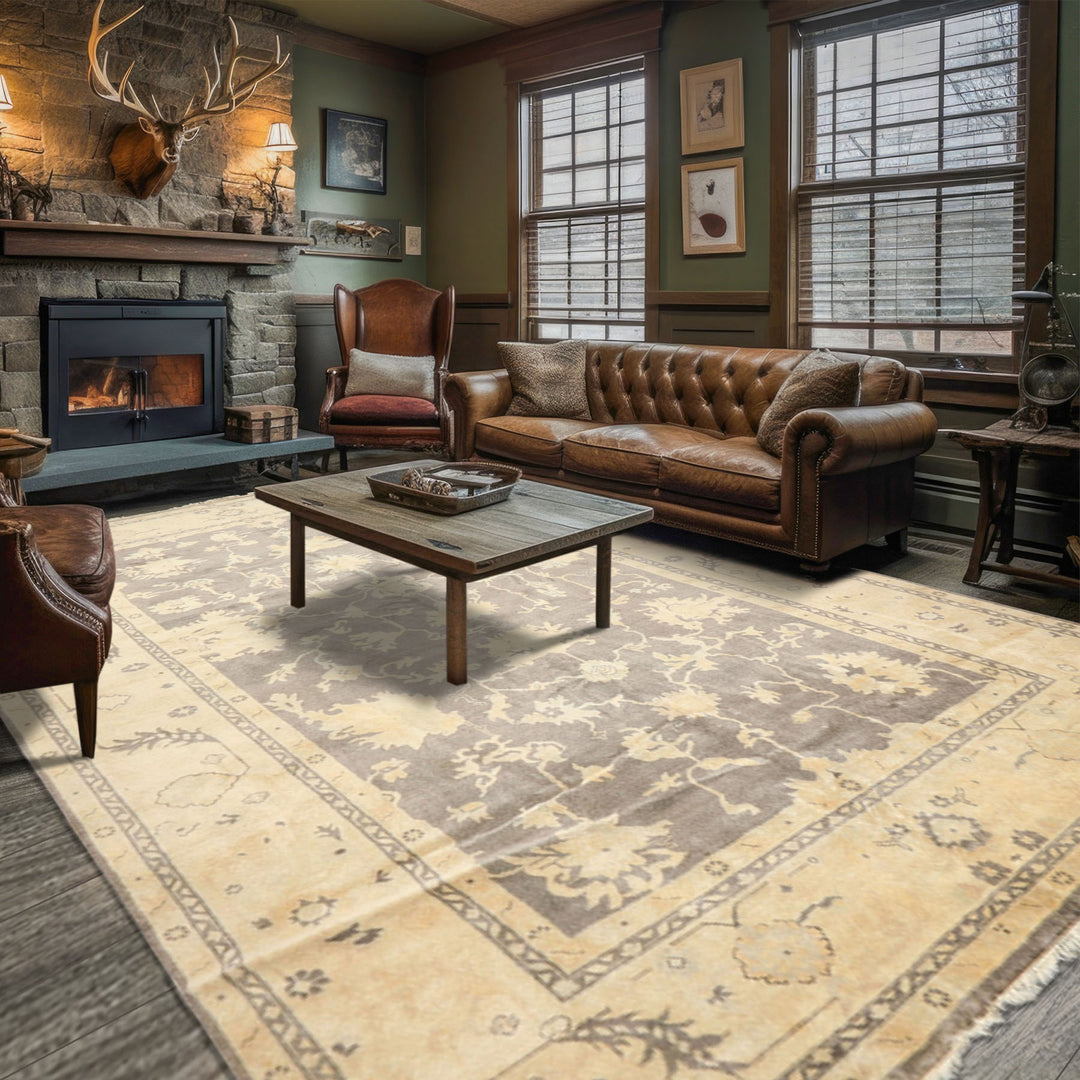 Palace Gray, Ivory, Light Gold Color Hand Knotted Oushak Wool Transitional Oriental Rug