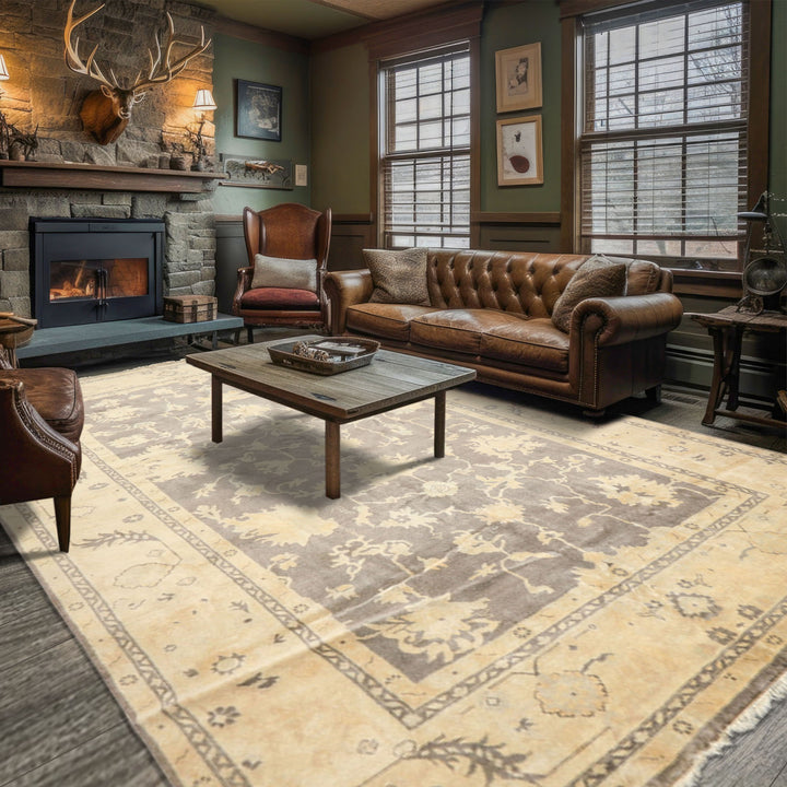 Palace Gray, Ivory, Light Gold Color Hand Knotted Oushak Wool Transitional Oriental Rug