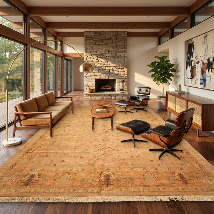 Palace Tan, Gold, Turquoise Color Hand Knotted Oushak Wool Transitional Oriental Rug