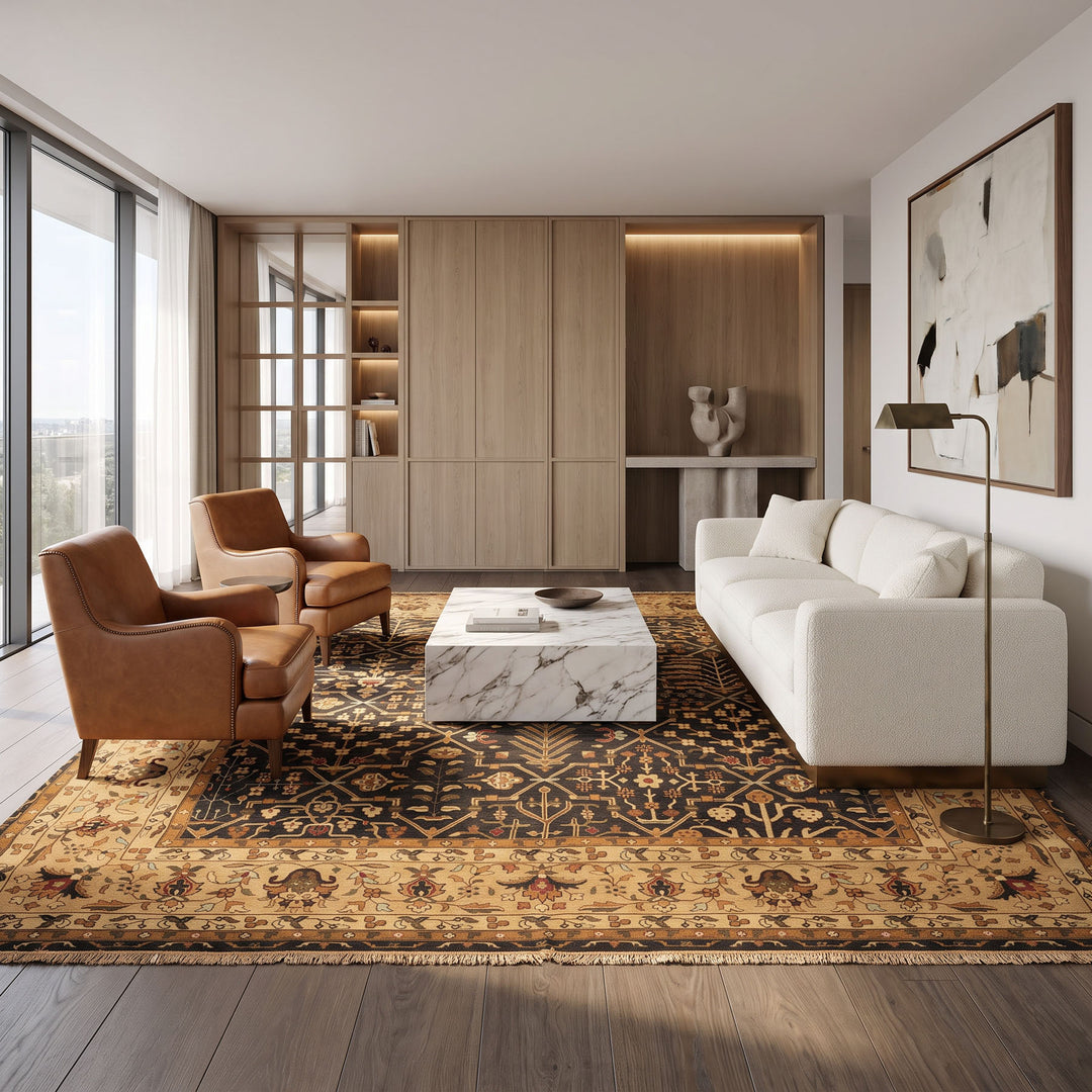 Square Charcoal, Tan, Rust Color Hand Knotted Soumak Wool Transitional Oriental Rug