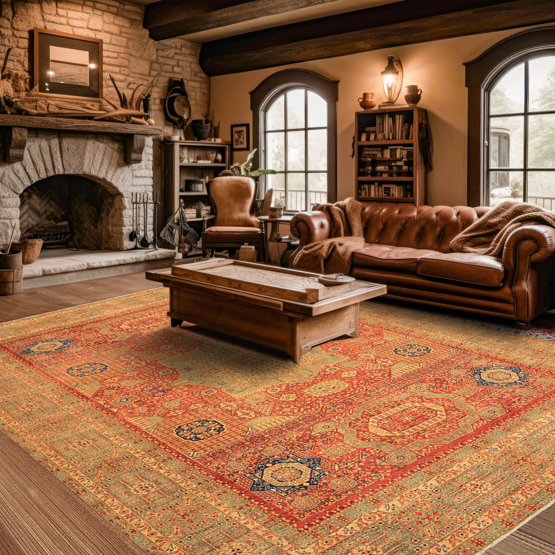 9x12 Burnt Orange, Gold, Celadone Color Hand Knotted Cairene Mamluk Wool Traditional Oriental Rug