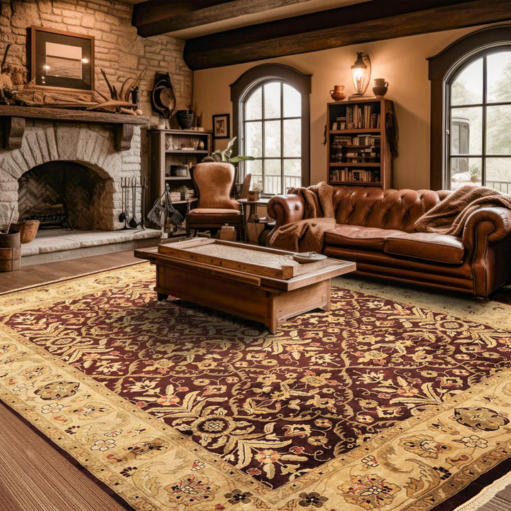 9x12 Maroon, Light Gold, Beige Color Hand Knotted Agra New Zealand Wool Traditional Oriental Rug