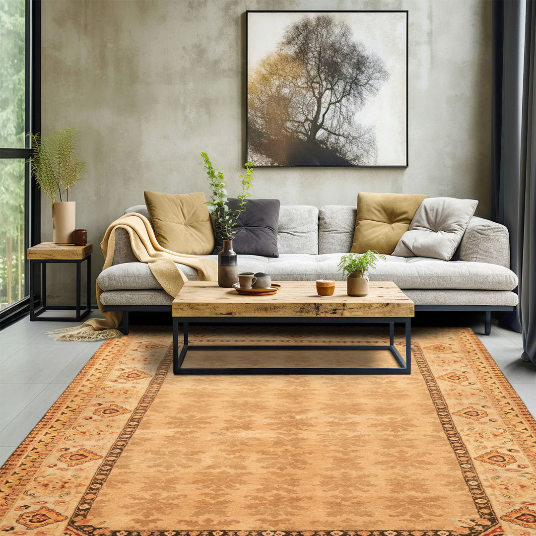 6x9 Tan, Ivory, Gold Color Hand Knotted Agra Wool Transitional Oriental Rug