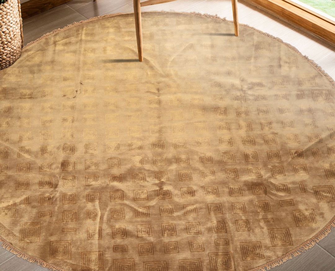 Round Tan, Gold, Color Hand Knotted Tibetan New Zealand Wool Transitional Oriental Rug