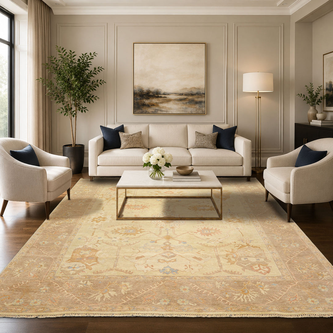 8x10 Ivory, Beige, Taupe Color Hand Knotted Oushak Wool Transitional Oriental Rug