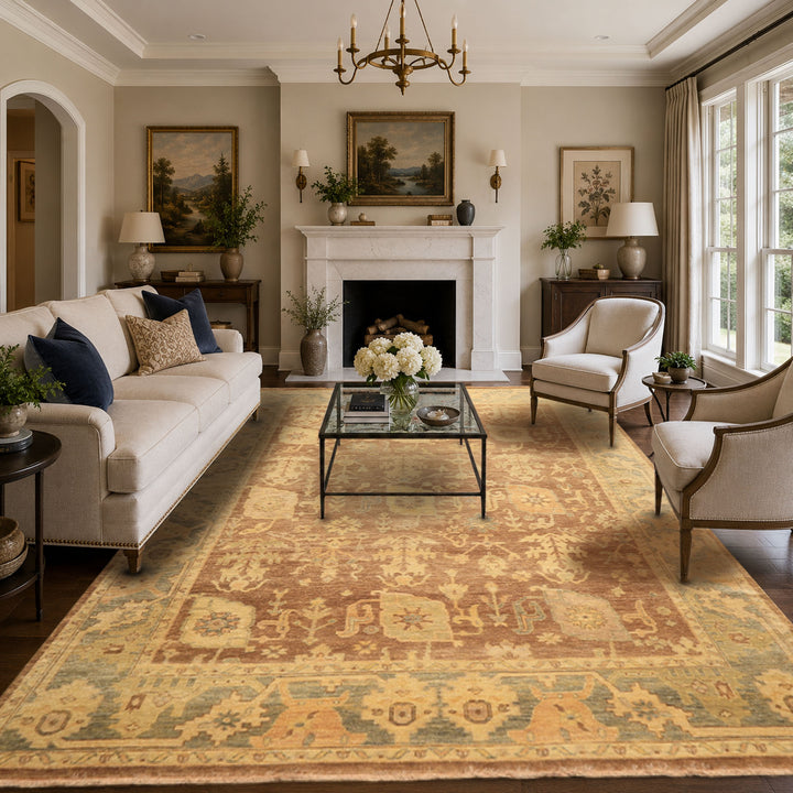 8x10 Brown, Gold, Slate Color Hand Knotted Oushak Wool Transitional Oriental Rug