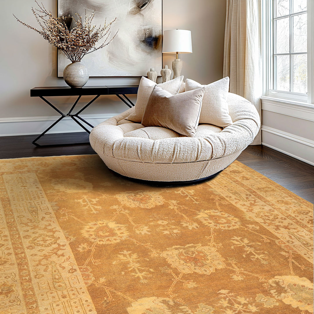 8x10 Antique Gold, Beige, Gray Color Hand Knotted Oushak Wool Transitional Oriental Rug