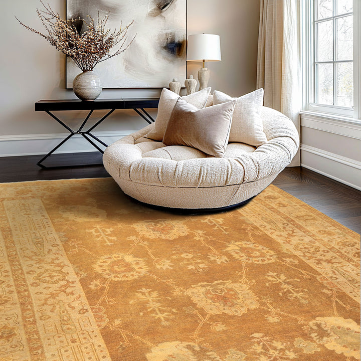 8x10 Antique Gold, Beige, Gray Color Hand Knotted Oushak Wool Transitional Oriental Rug