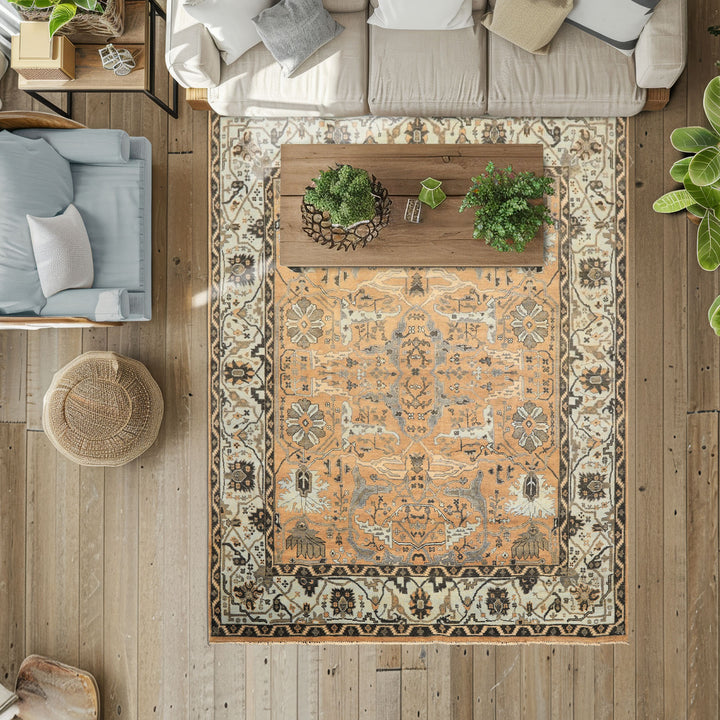 8x10 Peach, Blue, Charcoal Color Hand Knotted Oushak Wool Transitional Oriental Rug