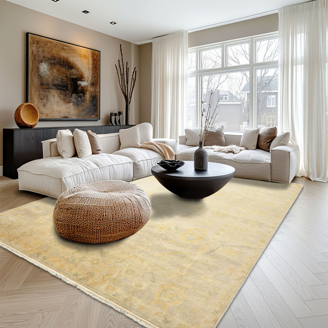 8x10 Gray, Blue, Gold Color Hand Knotted Oushak New Zealand Wool Transitional Oriental Rug
