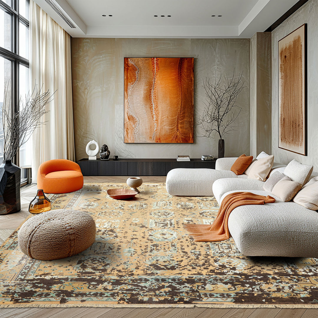 8x10 Beige, Moss, Chocolate Color Hand Knotted Oushak Wool &amp; Bamboo Silk Transitional Oriental Rug