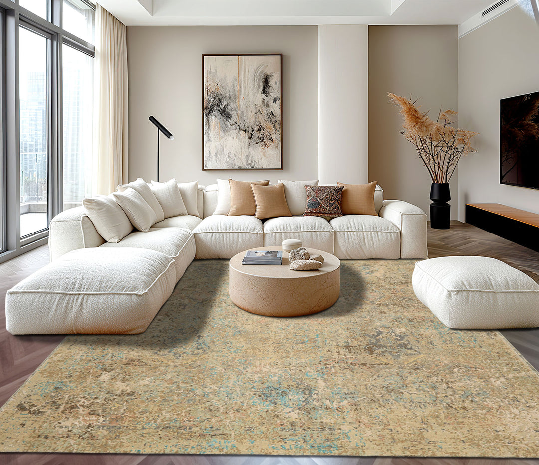 8x10 Beige, Turquoise, Gray Color Hand Knotted Sherpa Wool &amp; Silk Modern &amp; Contemporary Oriental Rug