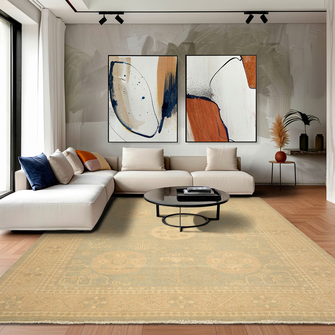 8x10 Mint, Tan, Beige Color Hand Knotted Khotan Wool Transitional Oriental Rug