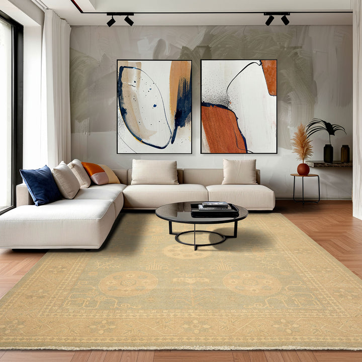 8x10 Mint, Tan, Beige Color Hand Knotted Khotan Wool Transitional Oriental Rug
