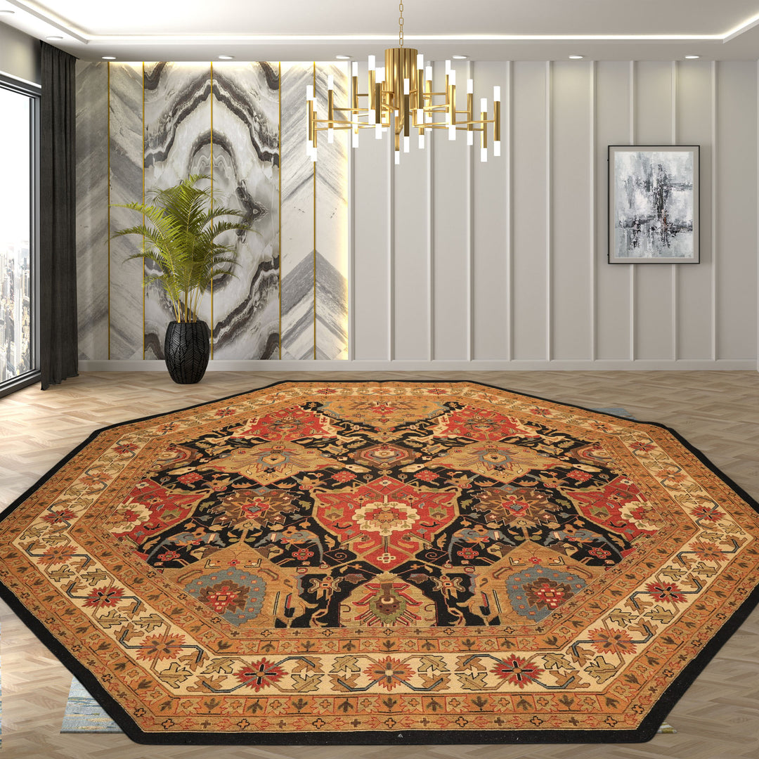 Octagon Black, Ivory, Gold Color Hand Knotted Soumak Wool Traditional Oriental Rug