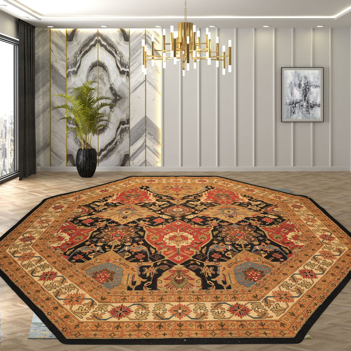 Octagon Black, Ivory, Gold Color Hand Knotted Soumak Wool Traditional Oriental Rug