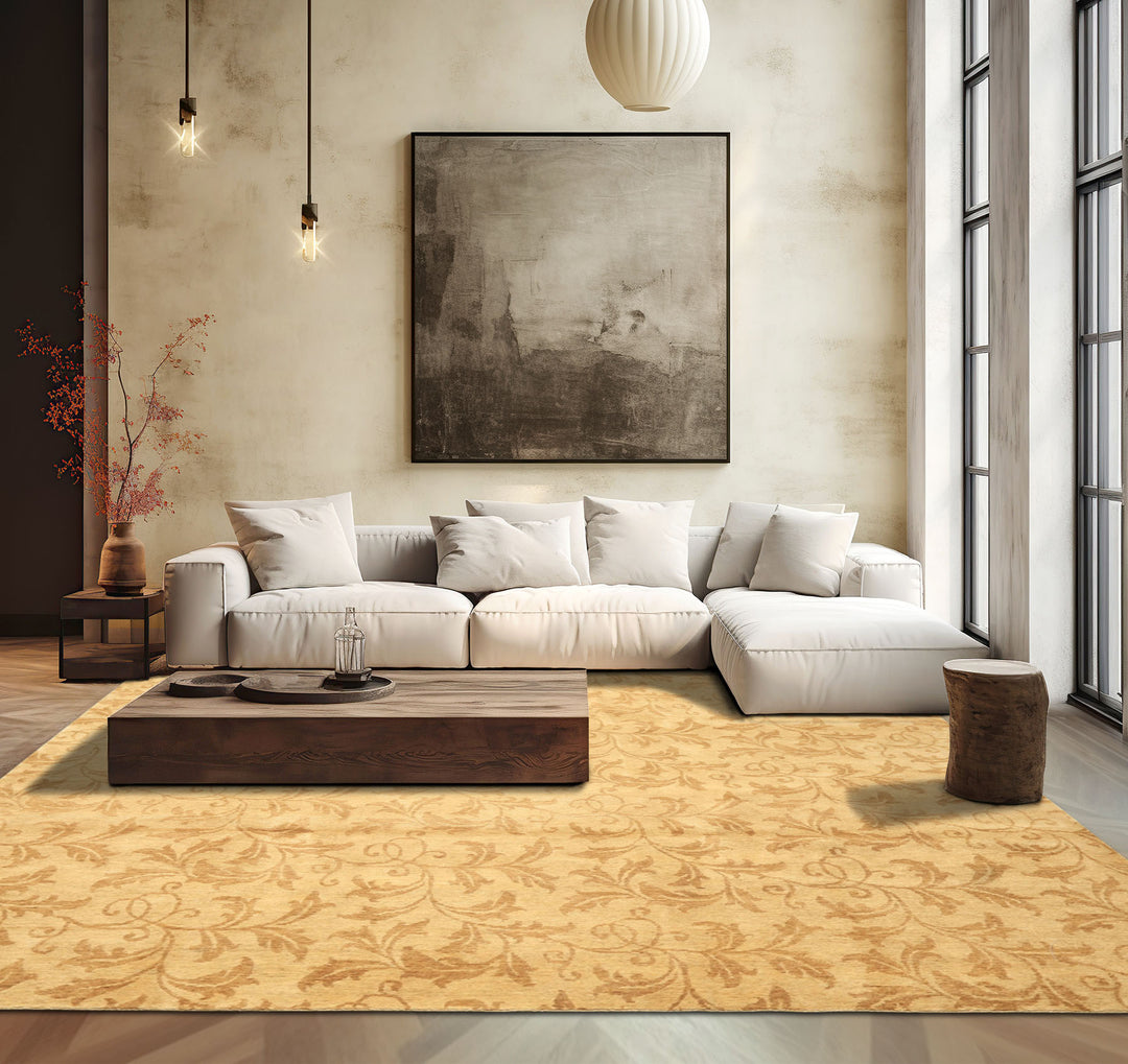 8' Square Tone on Tone Gold, , Color Hand Knotted Tibetan Wool Transitional Oriental Rug