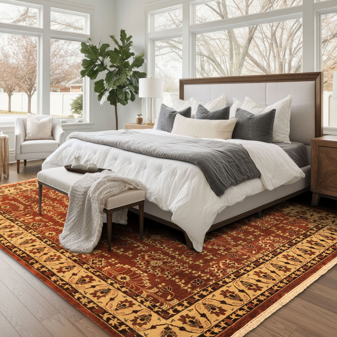 8x10 Rust, Beige, Light Gold Color Hand Knotted Agra Wool Traditional Oriental Rug