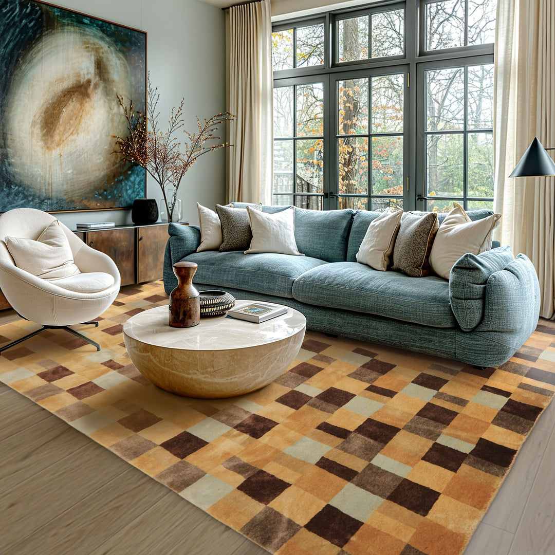 8x10 Gold, Chocolate, Aqua Color Hand Knotted Tibetan New Zealand Wool Modern &amp; Contemporay Oriental Rug