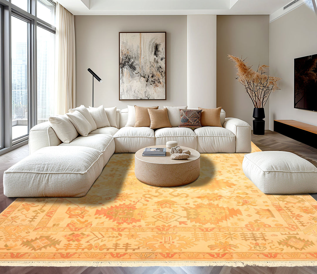 8x10 Ivory, Tan, Lime Color Hand Knotted Tibetan New Zealand Wool Traditional Oriental Rug