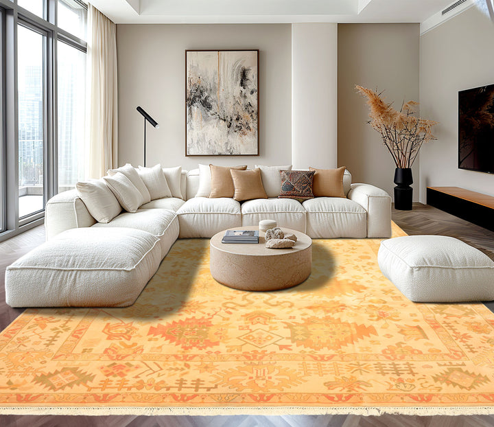 8x10 Ivory, Tan, Lime Color Hand Knotted Tibetan New Zealand Wool Traditional Oriental Rug