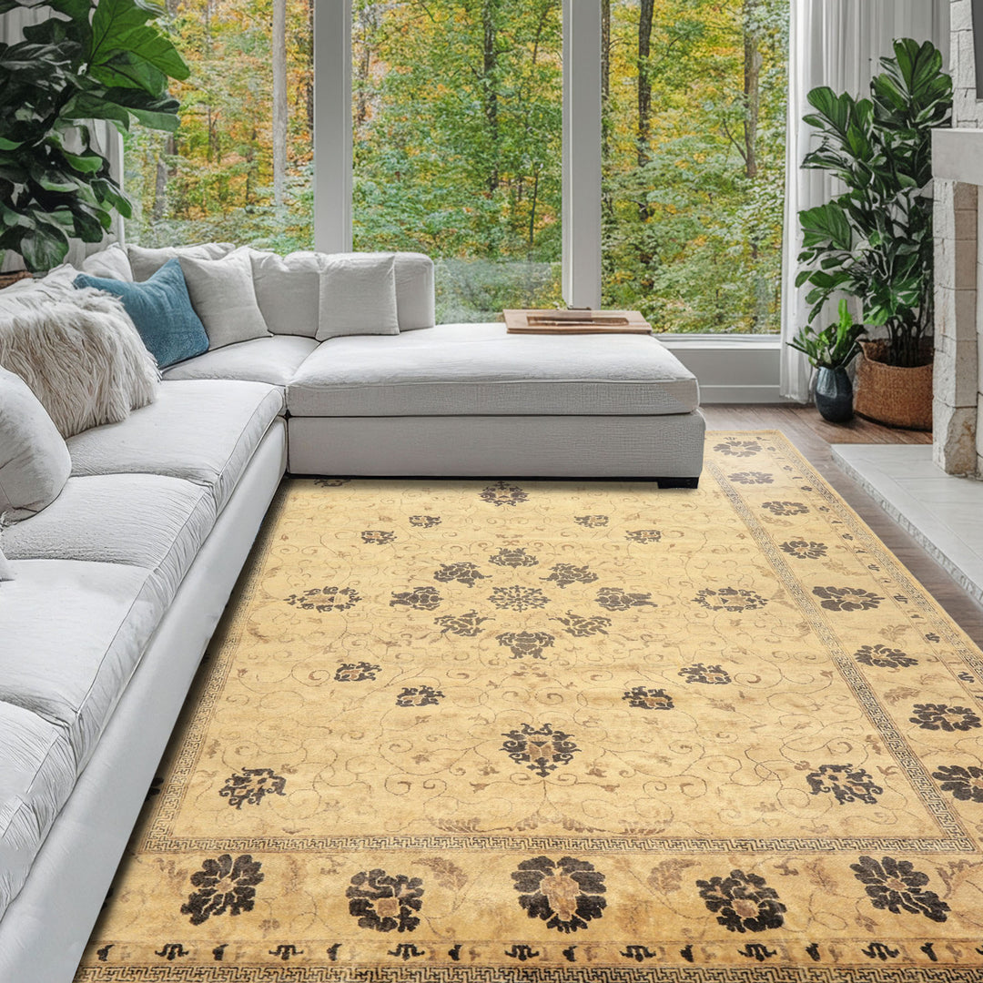 9x12 Beige, Brown, Chocolate Color Hand Knotted Oushak New Zealand Wool Transitional Oriental Rug