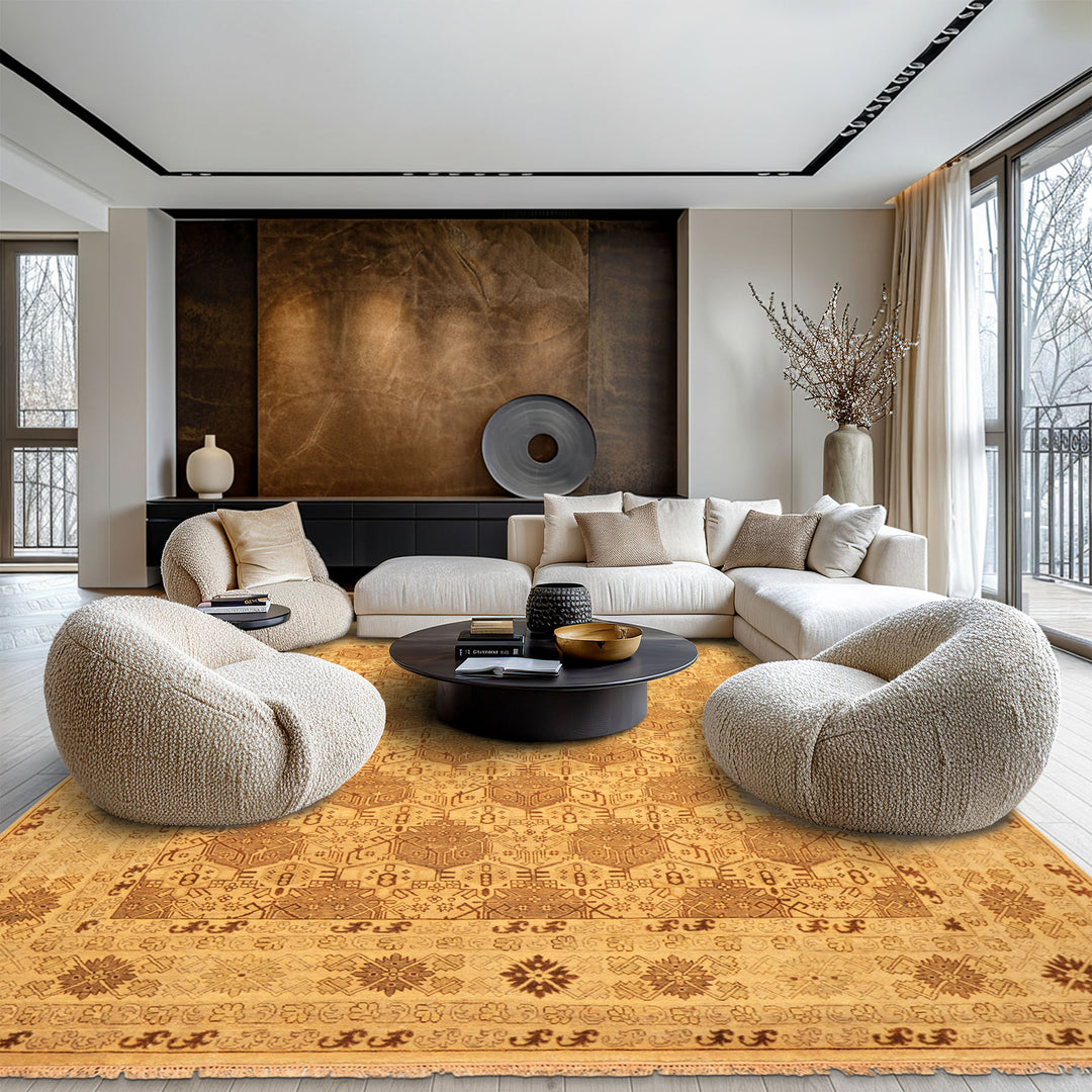 8x10 Gold, Rust, Tan Color Hand Knotted Oushak Wool Transitional Oriental Rug