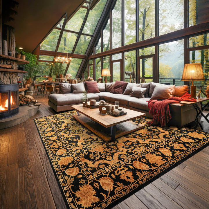 9x11 Black, Beige, Gold Color Hand Knotted Tibetan New Zealand Wool Transitional Oriental Rug