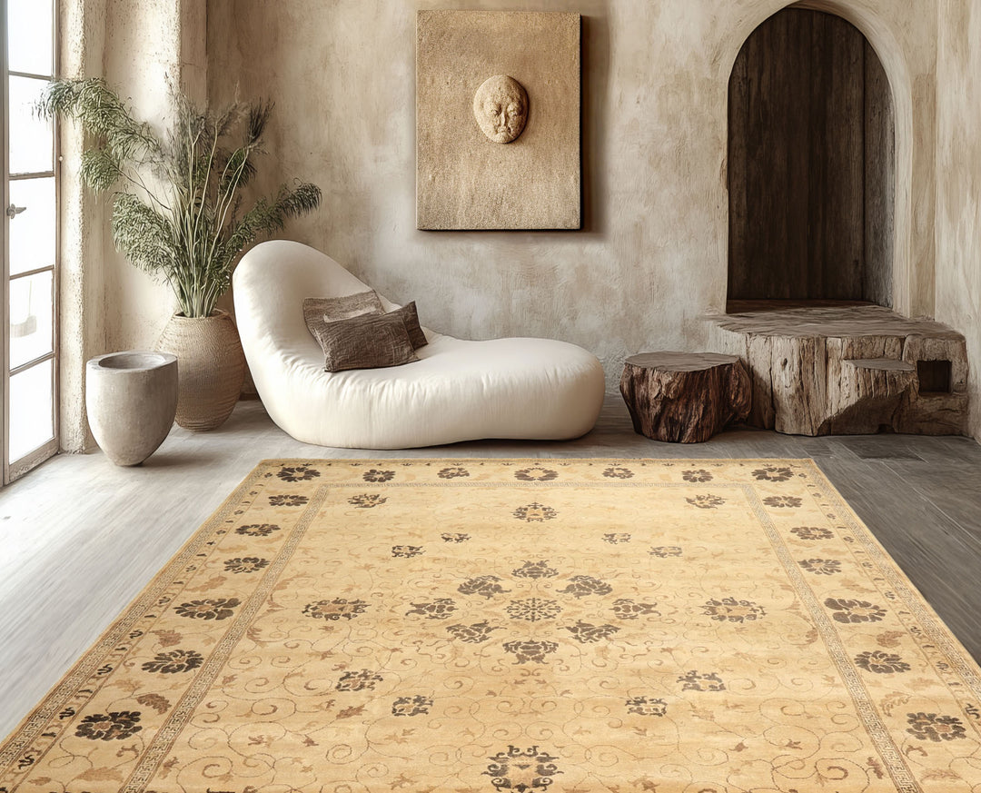 9x12 Beige, Brown, Chocolate Color Hand Knotted Oushak New Zealand Wool Transitional Oriental Rug