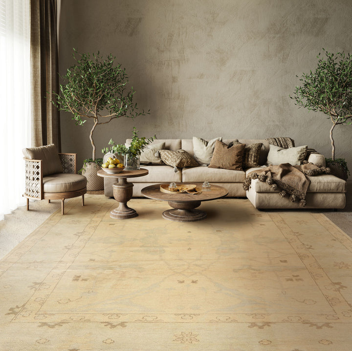 9x12 Beige, Celadon, Olive Color Hand Knotted Oushak Wool Transitional Oriental Rug