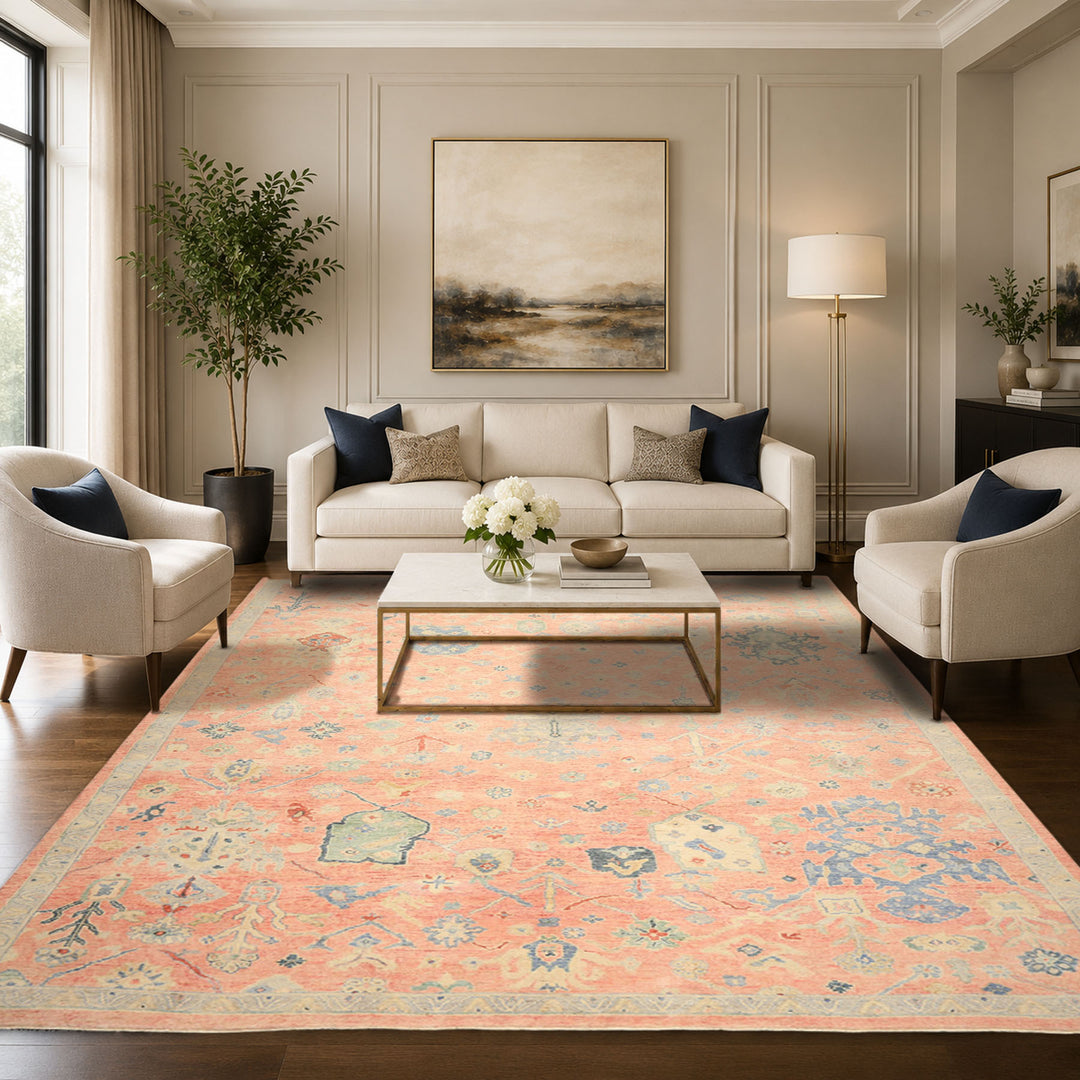 9x12 Blush, Blue, Mint Color Hand Knotted Oushak Wool Transitional Oriental Rug
